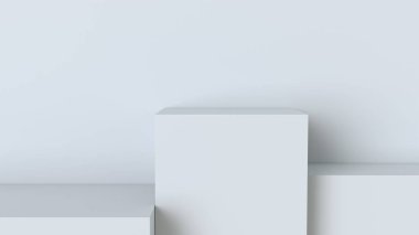 Boş duvar arka plan beyaz küp podyumda. 3D render.