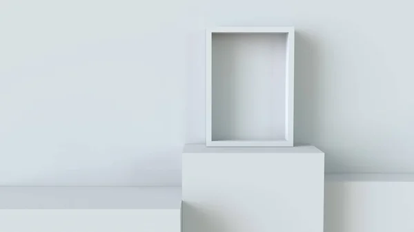 Cornice Con Podio Cubo Bianco Sfondo Bianco Rendering — Foto Stock