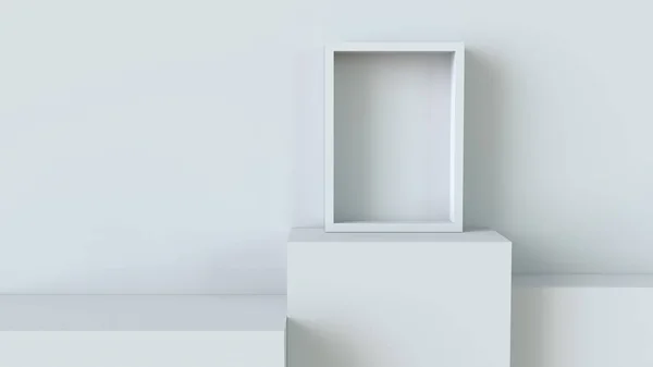 Quadro Com Pódio Cubo Branco Fundo Parede Branco Renderização — Fotografia de Stock