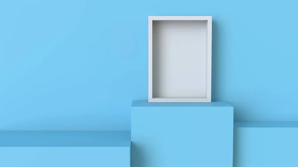 Frame with pastel blue cube podium on blank wall background. 3D rendering.