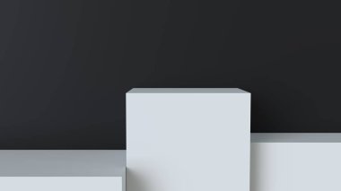 Boş duvar arka plan beyaz küp podyumda. 3D render.