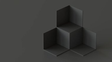 Siyah arka plan üzerine siyah küp kutuları zemin görüntüleme. 3D render.