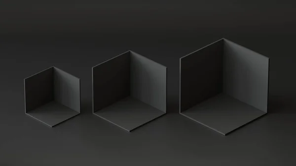 Cajas Cubo Negro Pantalla Fondo Sobre Fondo Negro Renderizado — Foto de Stock