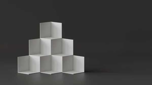 Caixas Cubo Exibição Fundo Fundo Parede Branco Renderização — Fotografia de Stock