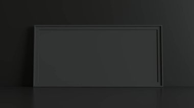 Boş resim çerçevesi masa ve duvar arka plan ile. 3D render.