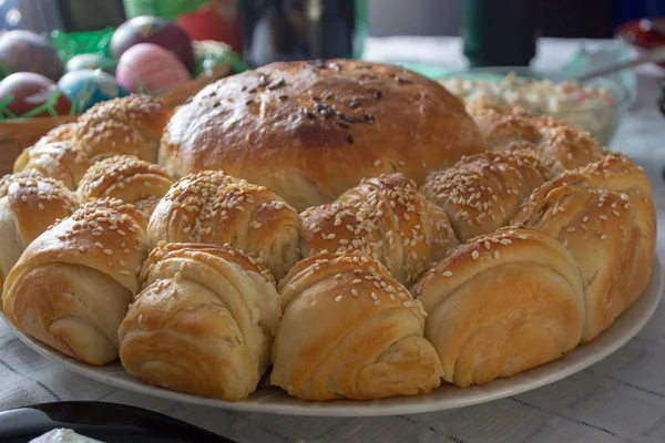 Table full of ofod on easter holyday — стоковое фото