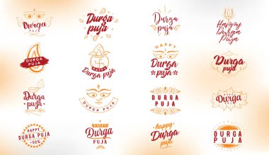 Durga Puja. Vektör tipografi için banner, logo tasarımı ayarla. Hindistan'ın Festivali.