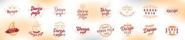 Durga Puja. Vektör tipografi için banner, logo tasarımı ayarla. Hindistan'ın Festivali.