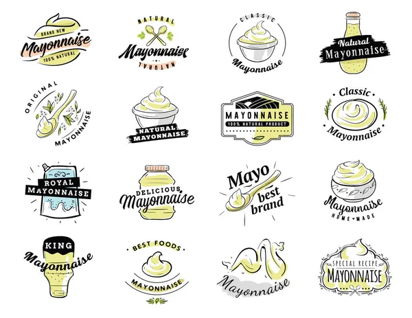 Tipografia Della Maionese Design Del Logo Salsa Bottiglie Ciotole — Vettoriale Stock