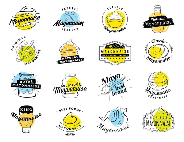 Typographie Mayonnaise Conception Logo Sauce Bouteilles Bols — Image vectorielle