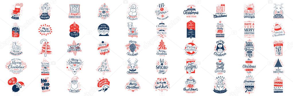 Merry Christmas. 50 elements, part 2. Happy holidays, let it snow and other quotes. Typography set. Vector illustration.