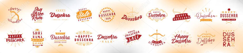 Happy Dussehra. Festival of India. Vector typography set for banner, logo design.