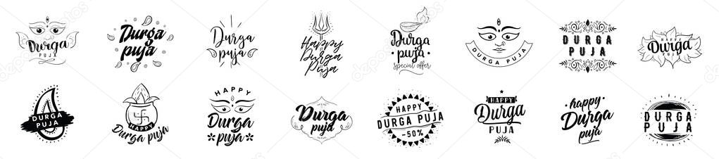 Durga Puja. Vector typography set for banner, logo design. Festival of India.