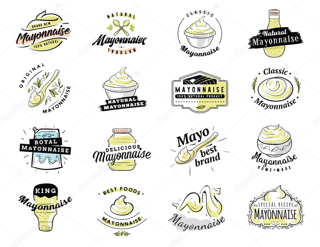 Mayonnaise typography. Logo design. Sauce in bottles and bowls.