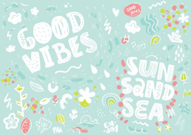 Tee sloganı ile yazdırma. Tipografi için t gömlek, poster ya da kartpostal. İyi hisler, güneş kum deniz. Desen.