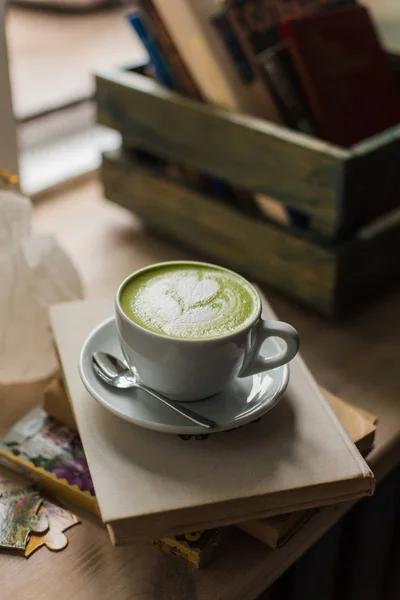 Green Tea Matcha Latte Art Cup Cropped Angle Coffee Shop — Stock Photo, Image