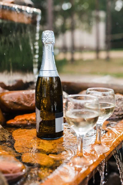Aşk, romantizm, tatil, kutlama kavramı. Şişe ve bardak yaz orman şelale tarafından sunset Bulvarında soğutulmuş şampanya.