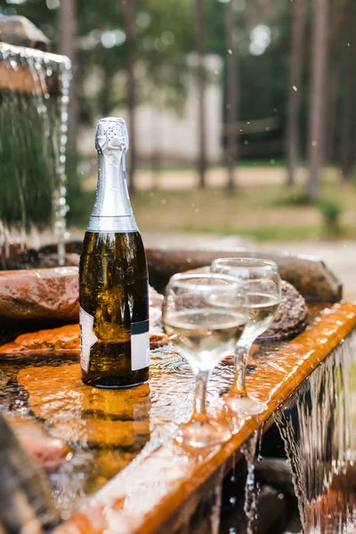 Aşk, romantizm, tatil, kutlama kavramı. Şişe ve bardak yaz orman şelale tarafından sunset Bulvarında soğutulmuş şampanya.