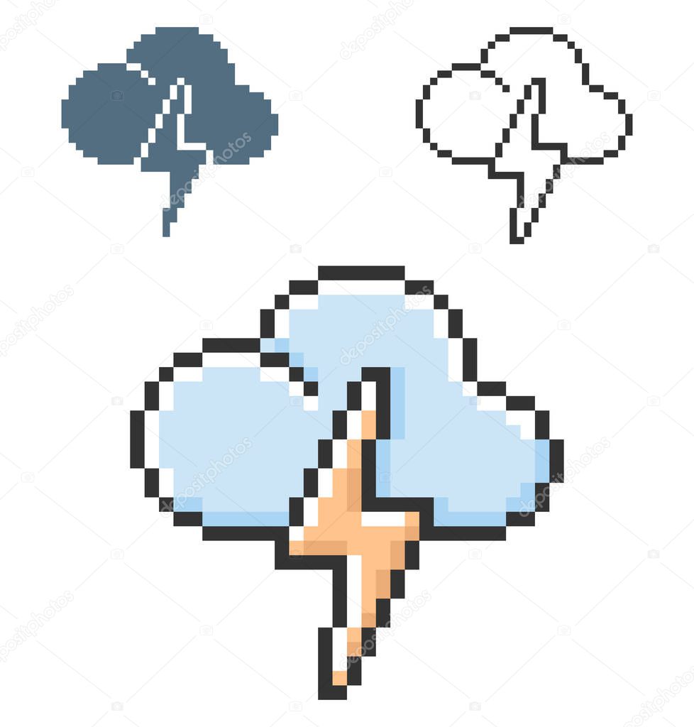 Pixel icon of cloud with lightning (rainless lightning storm weather) in three variants. Fully editable  