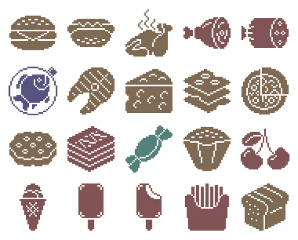 Sammlung Monochromer Pixelsymbole Lebensmittel — Stockvektor