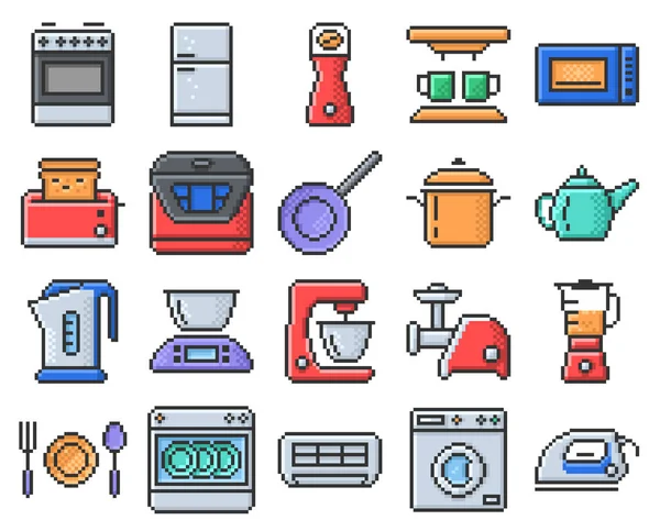 Umrissene Pixel Icons Set Von Einigen Küchengeräten Und Haushaltsgeräten — Stockvektor