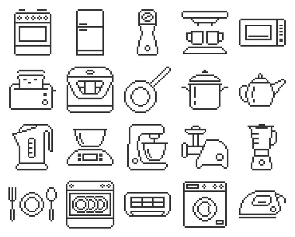 Zeile Pixel Symbole Satz Von Einigen Küchengeräten Und Haushaltsgeräten — Stockvektor