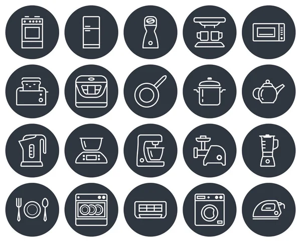 Runde Symbole Set Von Einigen Küchengeräten Und Haushaltsgeräten Linienstil — Stockvektor