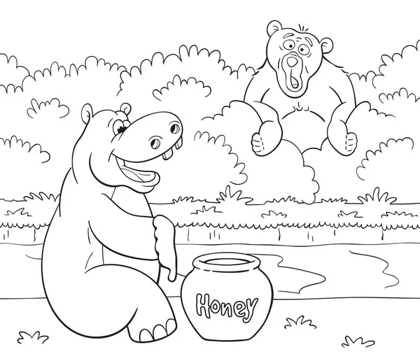 Czarno Biały Ilustracja Kreskówka Niedźwiedź Ogląda Wielkim Zaskoczeniem Szczęśliwy Hipopotam — Wektor stockowy