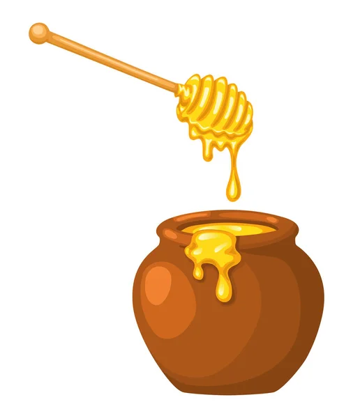 Cartoon Clay Pot Honey Wooden Dipper White Background — Stock Vector