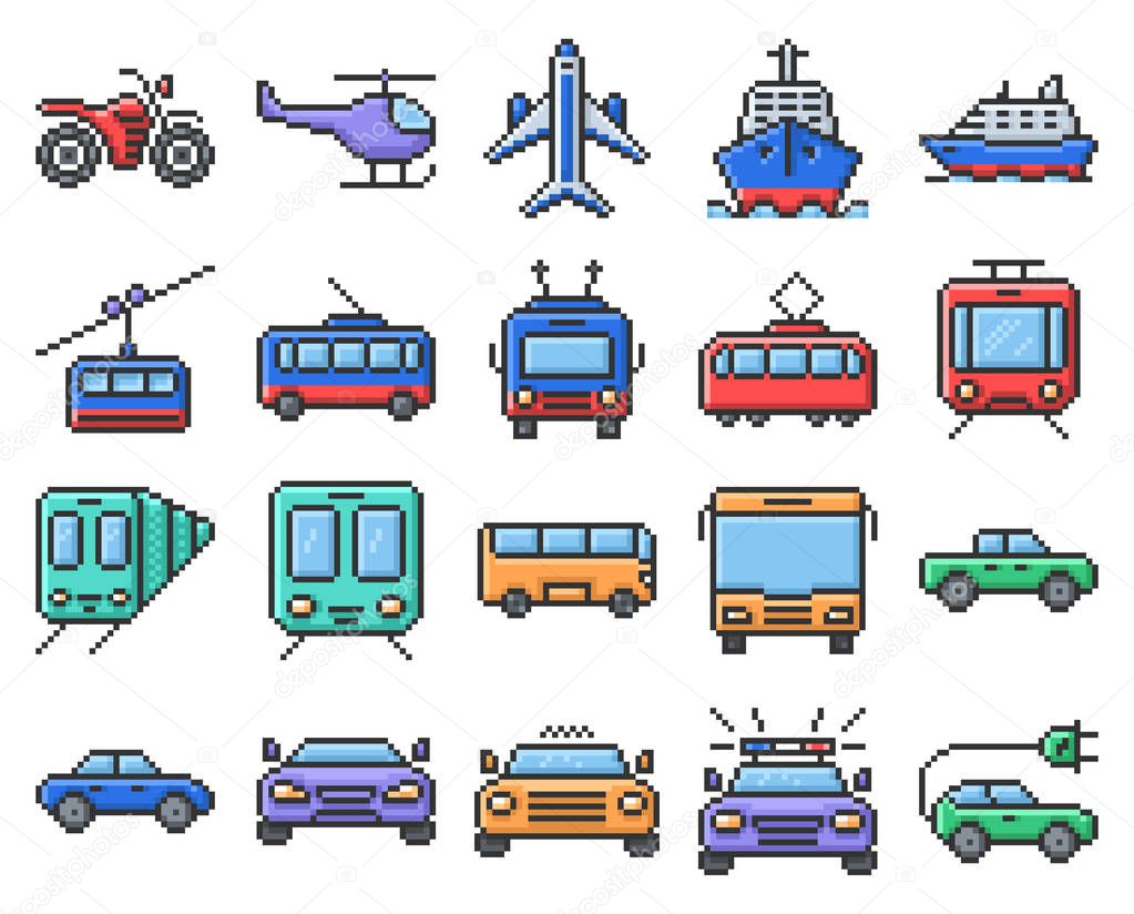 Outlined pixel icons set of some transport facilities 