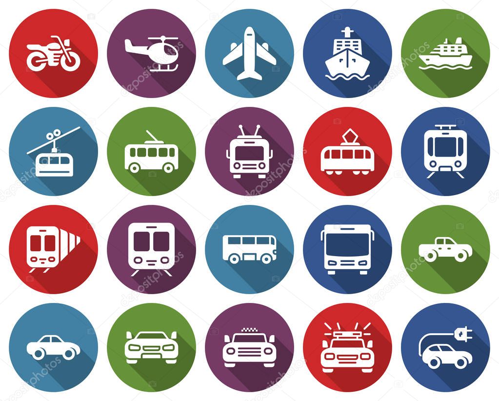 Round icons set of some transport facilities with long shadow