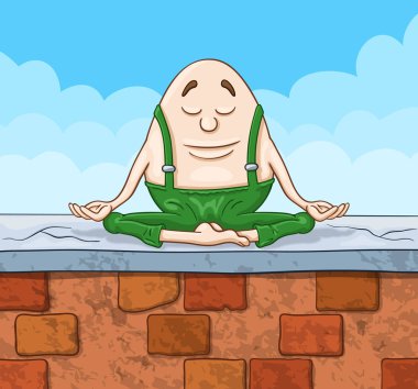 Cartoon Humpty Dumpty egg sitting with closed eyes on a top of a high brick wall in deep meditation state clipart