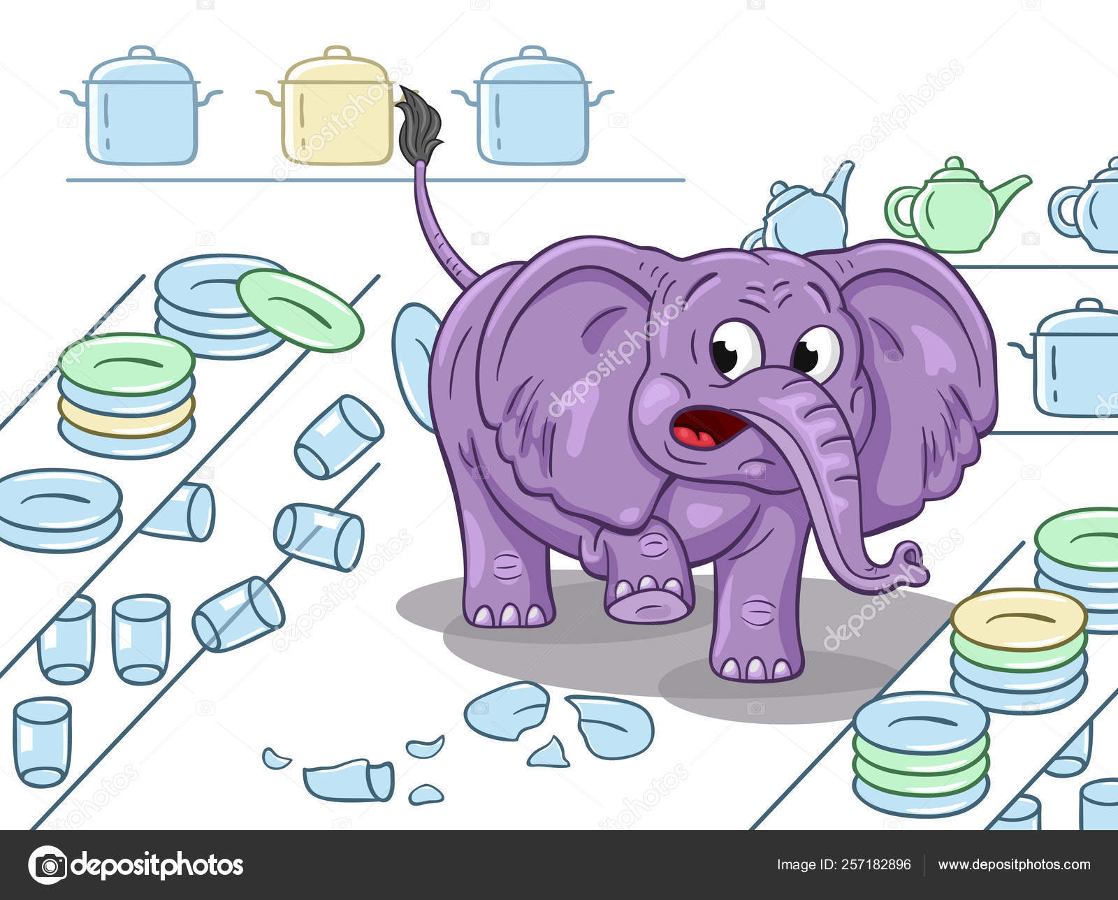 Cartoon Illustration Clumsy Elephant China Shop White Background