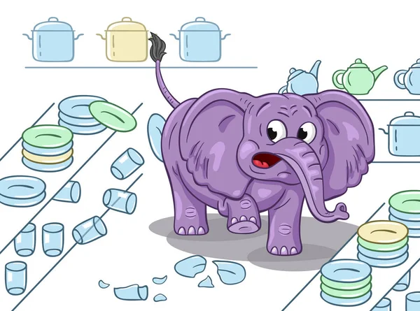 Tecknad Illustration Klumpig Elefant Porslinsbutik Vit Bakgrund — Stock vektor