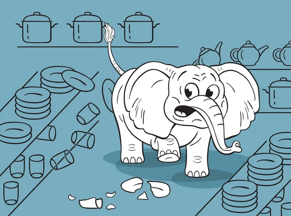 Карикатура Смешного Неуклюжего Слона Посудной Лавке — стоковый вектор