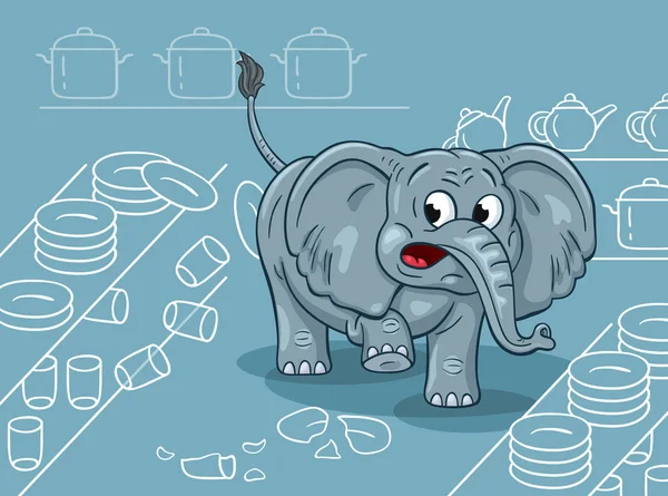 Карикатура Неуклюжего Слона Посудной Лавке — стоковый вектор