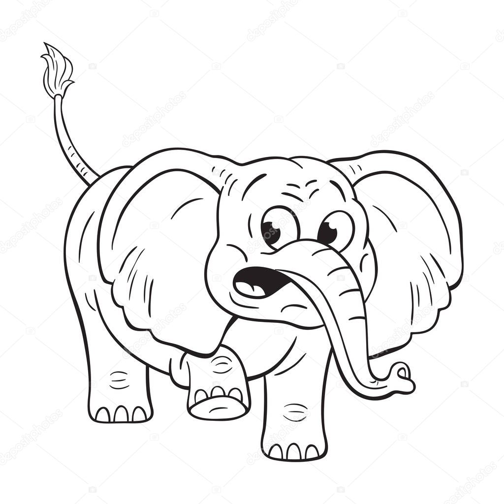 Black and white illustration of  a funny cartoon elephant  