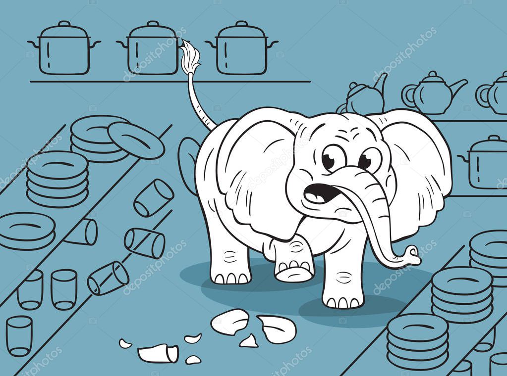 Cartoon  illustration of a funny clumsy elephant in a china shop