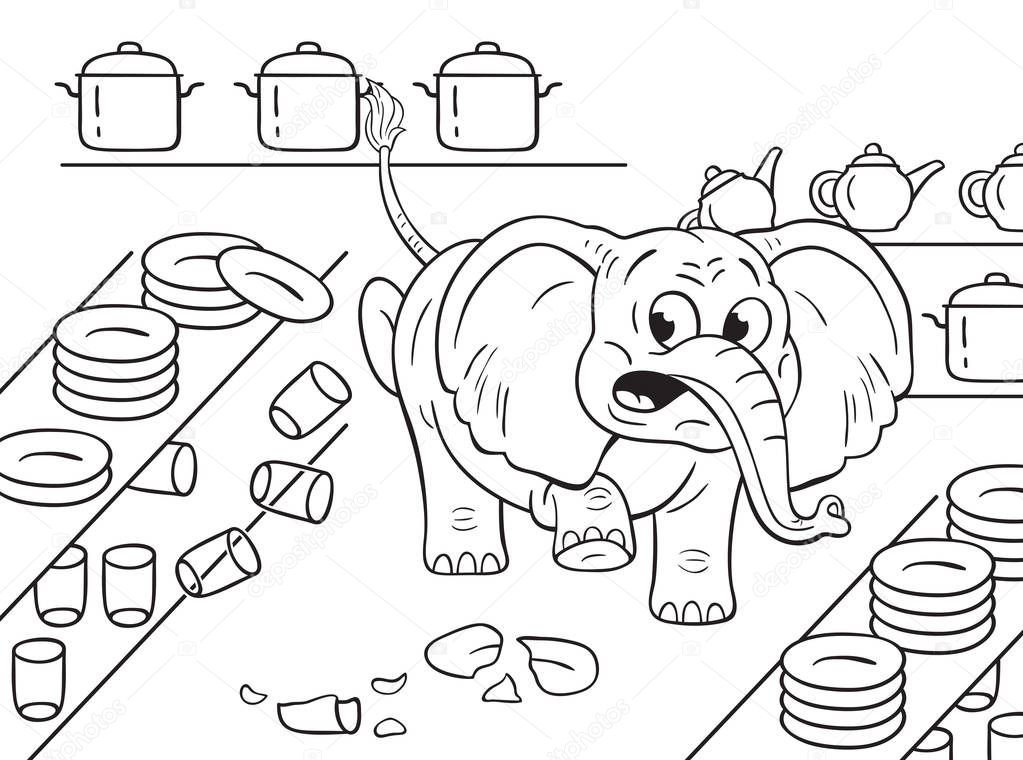 Black and white illustration of a cartoon clumsy elephant in a china shop