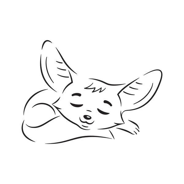 Schwarz Weiße Illustration Des Schlafenden Cartoon Fennec Fox Niedlichen Kawaii — Stockvektor