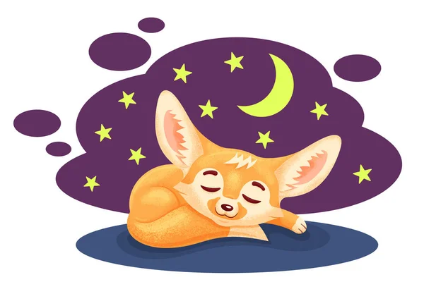 Sleeping Cartoon Fennec Fox Starry Night Background Cute Kawaii Character — Stock Vector