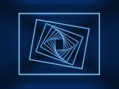 Neon parlayan mavi ışıklar. Uzun siyah boş tünel bükülmüş neon kareler. Dijital futuristik arka plan.