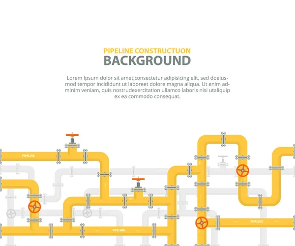 Industrieller Hintergrund mit gelber Pipeline. Öl-, Wasser- oder Gasleitungen mit Armaturen und Ventilen. Vektor-Illustration im flachen Stil. — Stockvektor