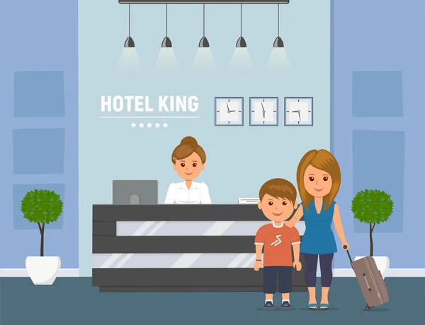 Recepção do hotel. Gerente atrás do balcão de registro, mãe e criança com malas. Recepcionista e convidados. Conceito de serviço de reserva de hotel. Ilustração vetorial em estilo plano . —  Vetores de Stock