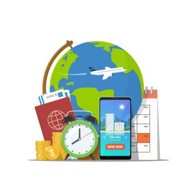 Seyahat kavramı. Çevrimiçi rezervasyon seyahat. Pasaport, telefon ile rezervasyon app, takvim, para ve çalar saat arka plan dünya üzerinde. Yaz tatil ve gezi dünya. Düz stil vektör çizim.