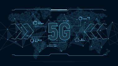 Teknoloji çokgenler bağlantı yapısı ve dünya harita piksel ile 5g için modern futuristik arka plan. Dijital veri görselleştirme. İş teknoloji kavramı. Vektör çizim.