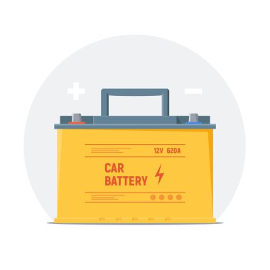 Araba pil simgesi. İzole sarı pil ile artı ve eksi sembolleri. İnfographics unsuru kontrol, ücret ve akü kullanın. Vektör çizim.