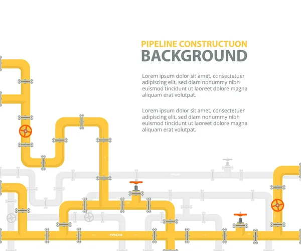 Industriële achtergrond met gele pijpleiding. Water, olie of gas pijpleiding met fittingen en ventielen. Vectorillustratie in een vlakke stijl. — Stockvector