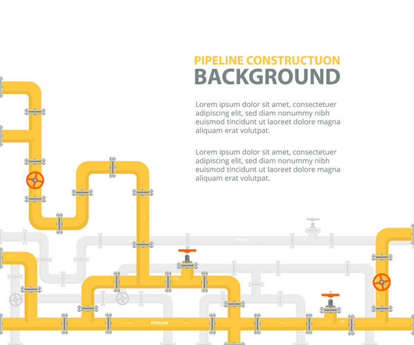 Промышленный фон с желтым трубопроводом. Нефтепровод, водопровод или газопровод с арматурой и клапанами. Векторная иллюстрация в плоском стиле
.