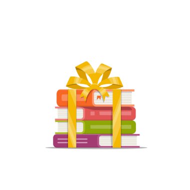 Hediyelik altın şerit ve yay ile yığın kitap. Simge, sembol, amblem Kitabevi, Kütüphane ve online alışveriş için. Tatil hediyesi. Düz stil vektör çizim.